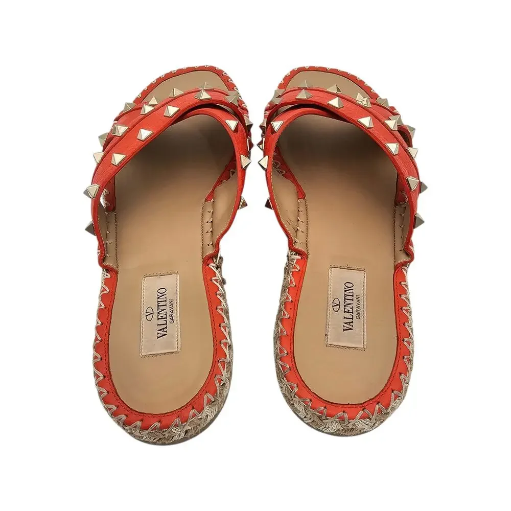 Valentino Garavani Rockstud Flat Slide Espadrille Sandal Orange Size 39 US 9